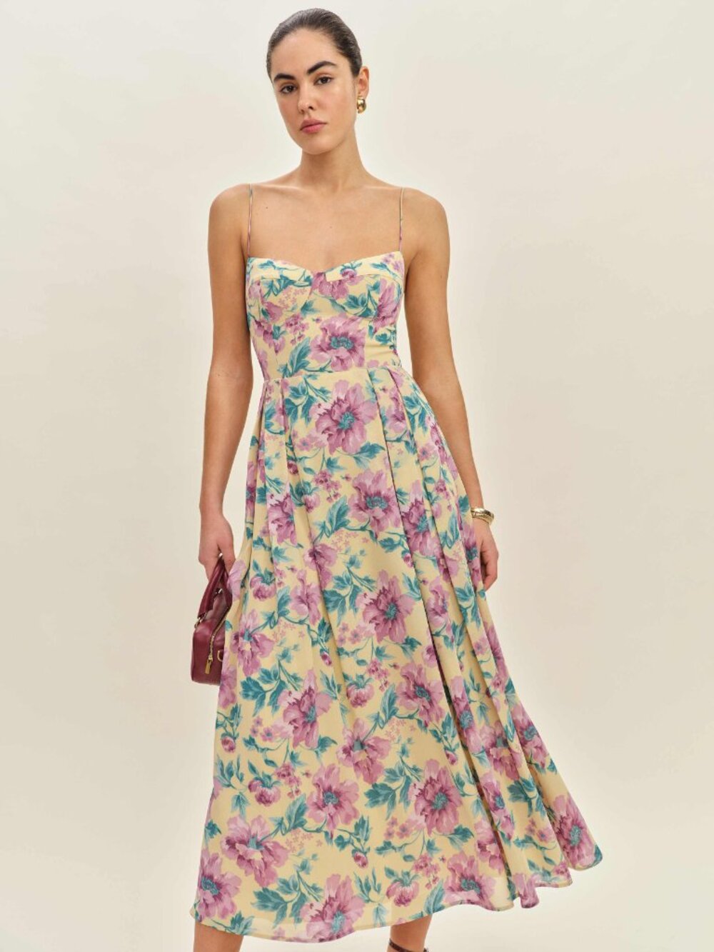 NWT Reformation Jaelyn Midi Dress Mira | Yellow Purple Floral 2